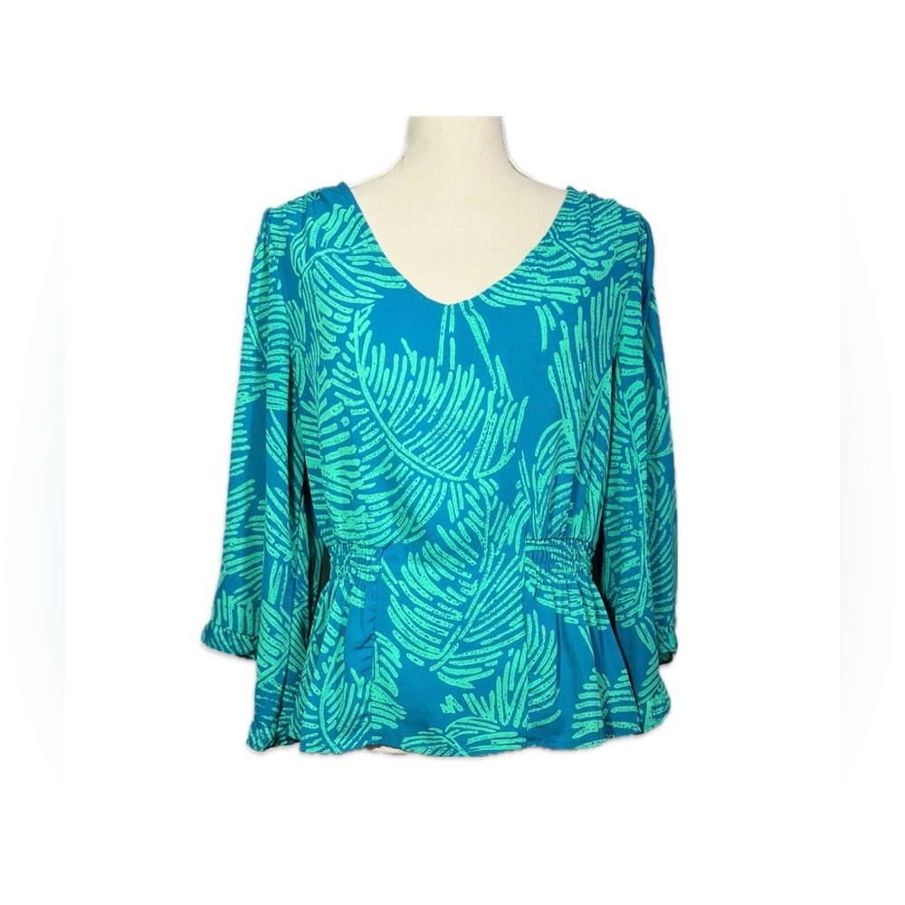 AUW Teal Mint Leaf Print Peplum Blouse Womens L Boho Cottagecore Long Sleeve